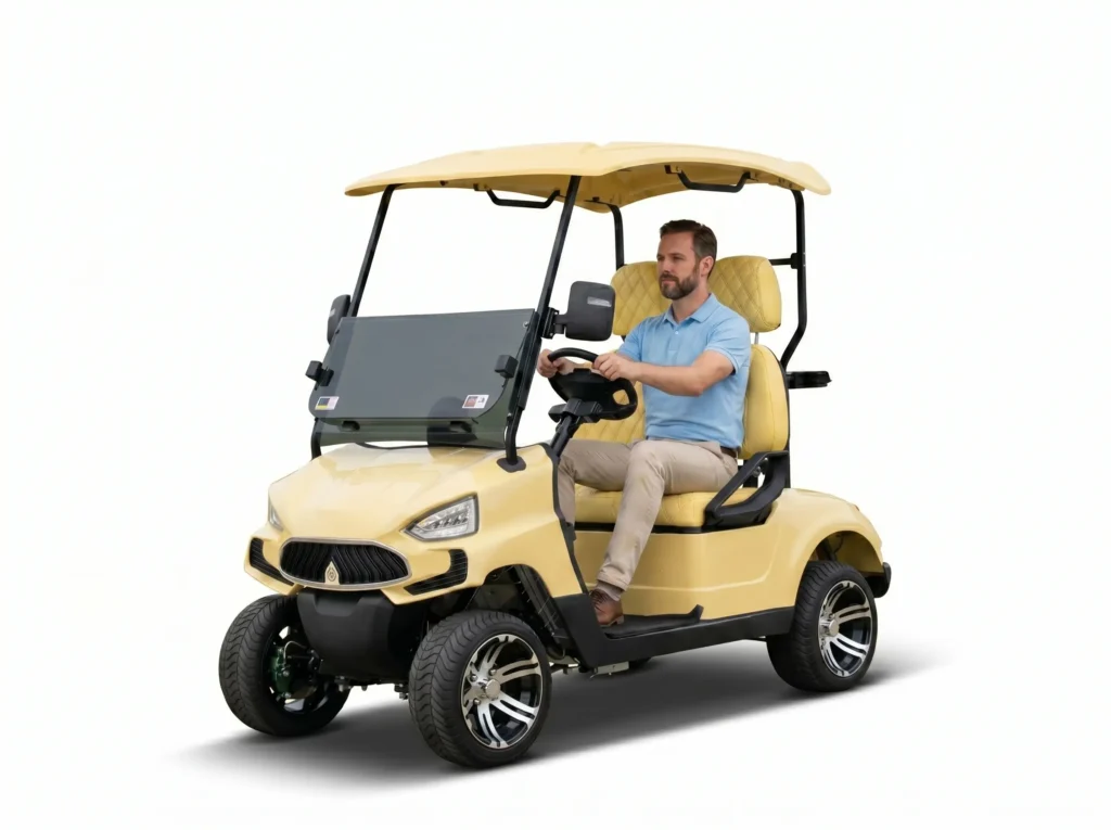 A man is driving a two-seater light yellow MXV ECO series SUN electric carts along the road.