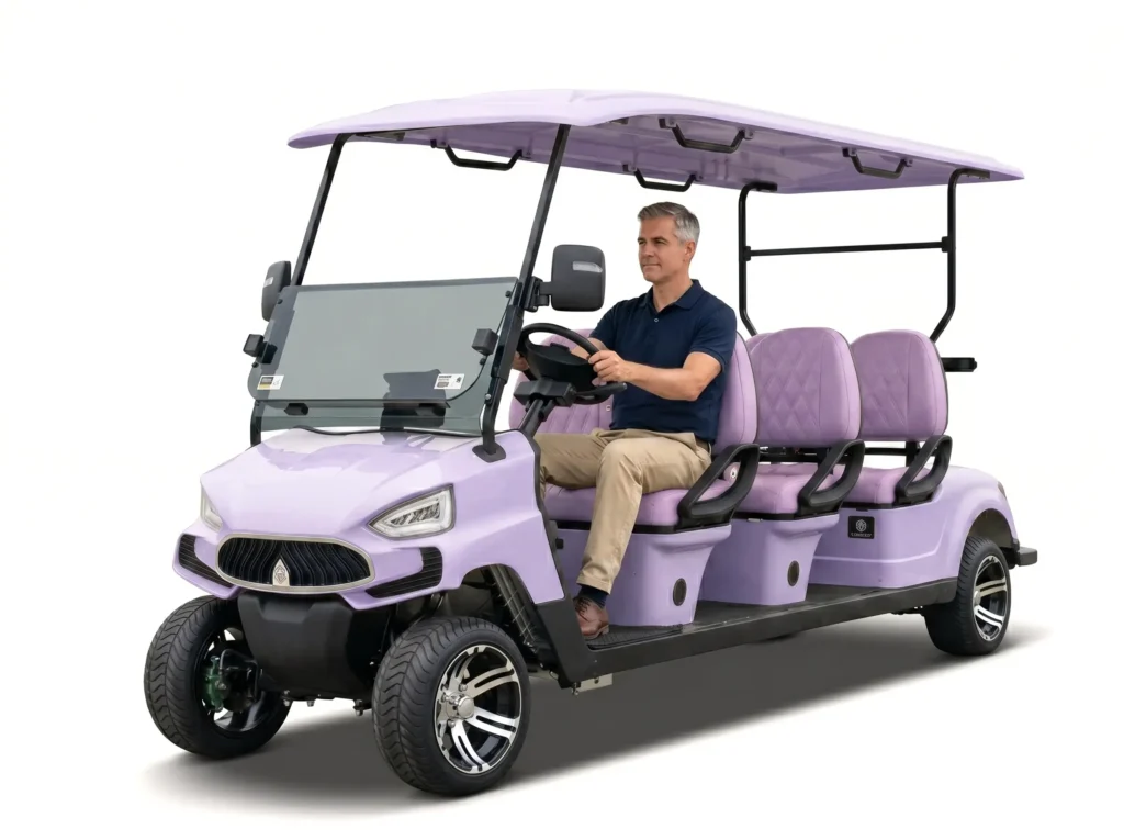 A man is driving a six-seater light purple MXV ECO series SUN electric carts along the road.