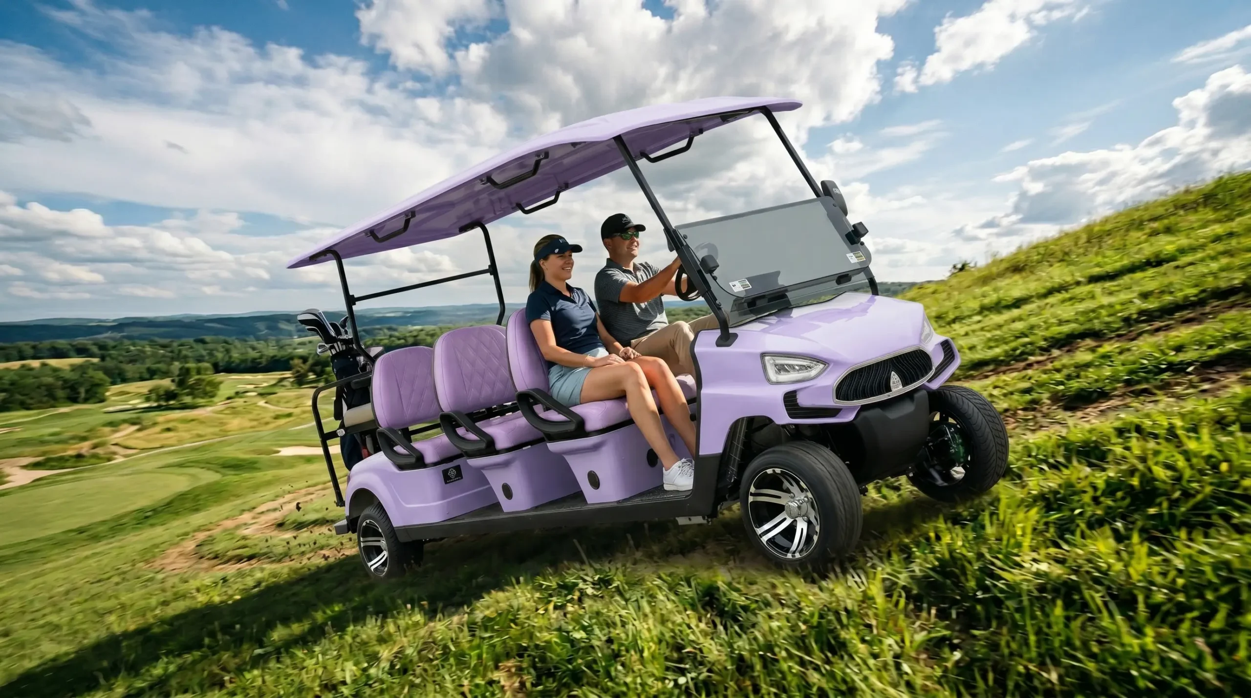 72V lithium electric golf cart climbing steep hill with consistent power demonstration