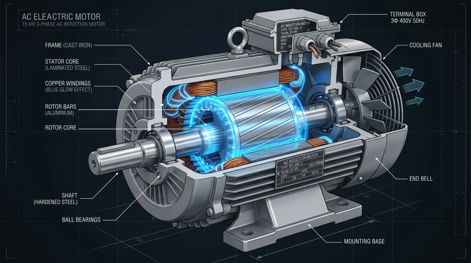 AC electric motor cutaway for golf cart showing high efficiency design