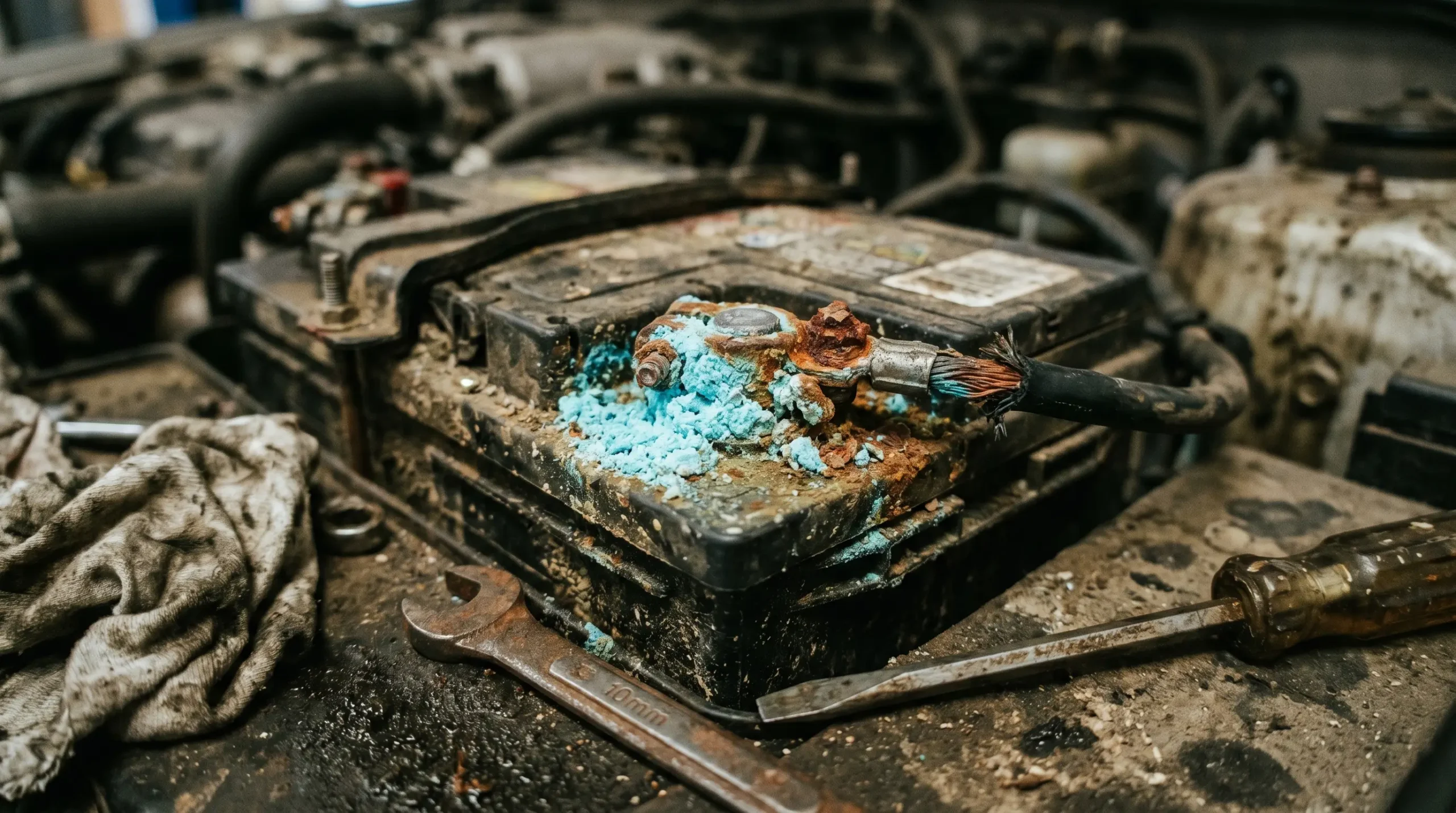 Corroded lead acid golf cart battery terminal with acid buildup and maintenance tools