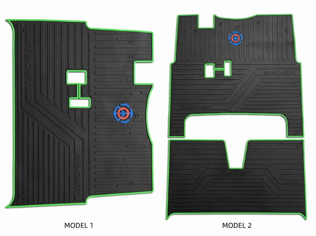 the complete floor carpet for SUN-Carts electric golf carts on white background with molded shape and pedal cutouts
