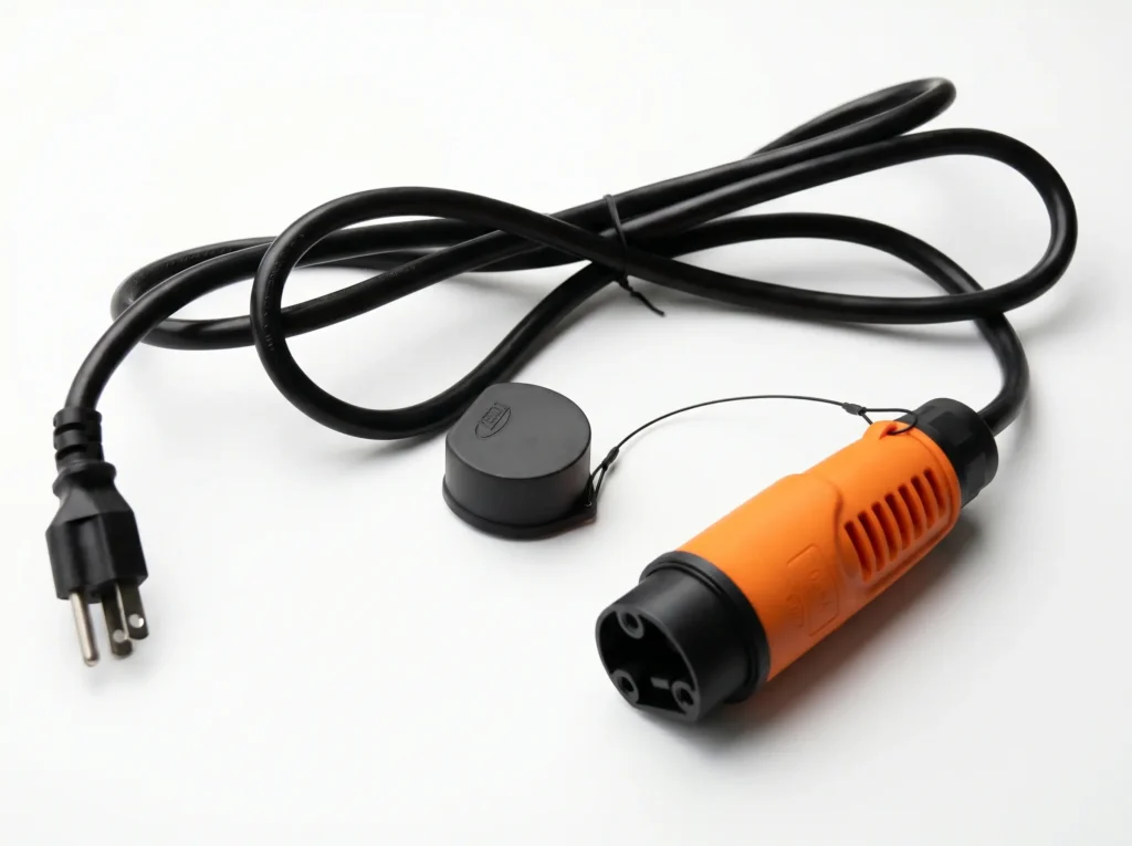the 48V/72V smart charger for SUN-Carts electric golf carts on white background with power cord and output connector