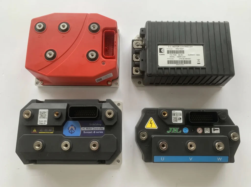 the 48V/72V motor controller for SUN-Carts electric golf carts on white background with connectors and mounting bracket