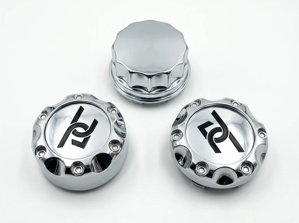 wheel hubcaps for SUN-Carts electric golf carts on white background in chrome finish