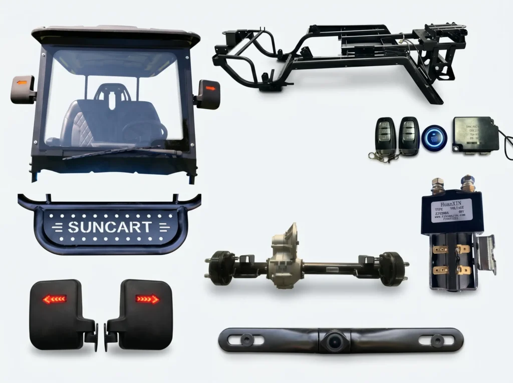 an assortment of SUN-Carts electric golf cart parts including various components for maintenance and repair on white background