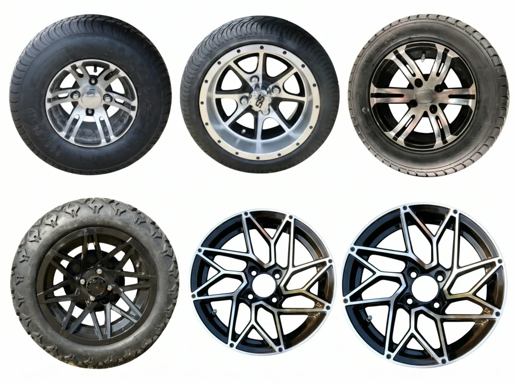 a complete wheel and tire set for SUN-Carts electric golf carts on white background with 10-18-inch aluminum rims and all-terrain tires