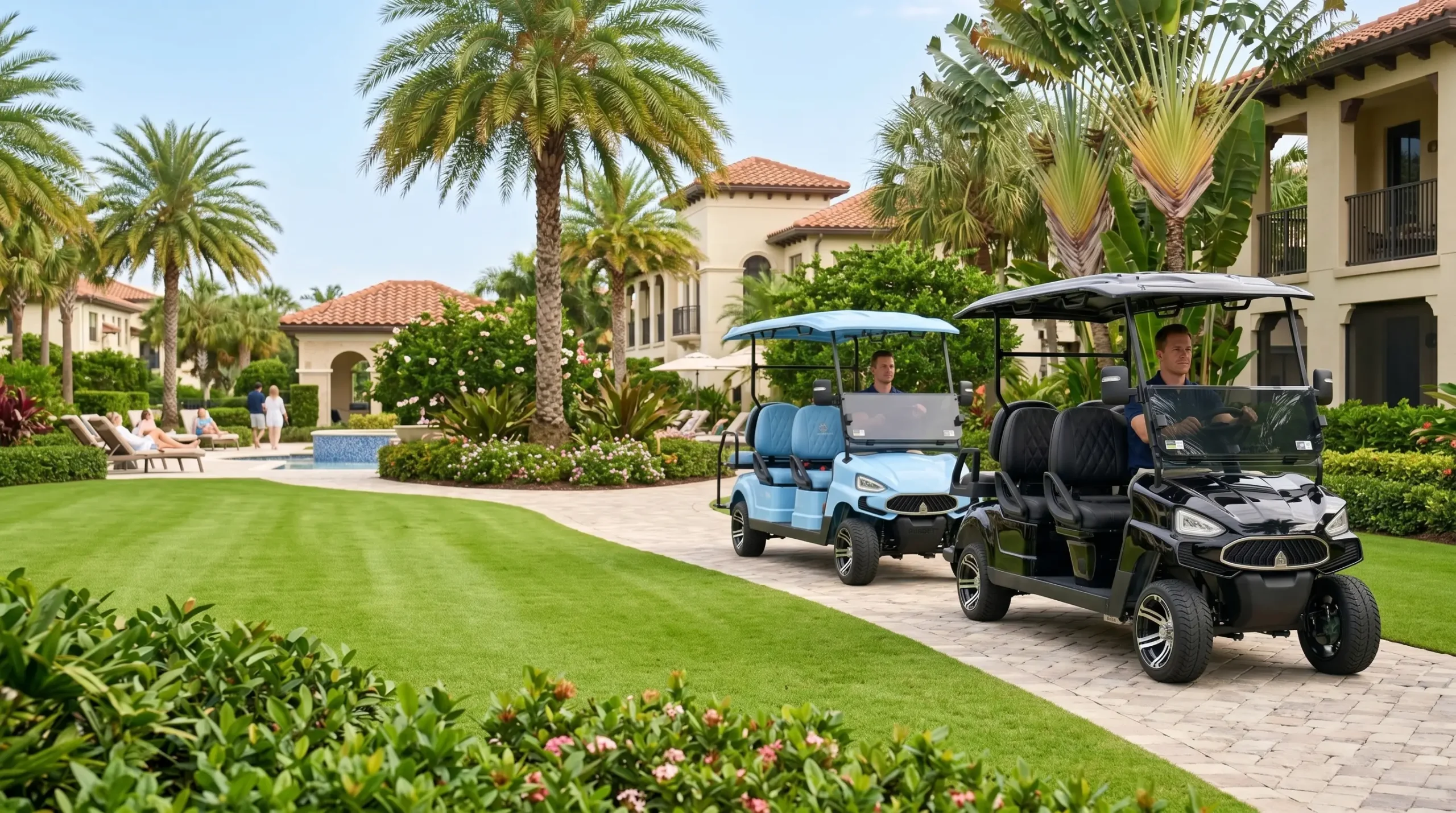 Zero emission electric golf carts driving silently through lush resort grounds