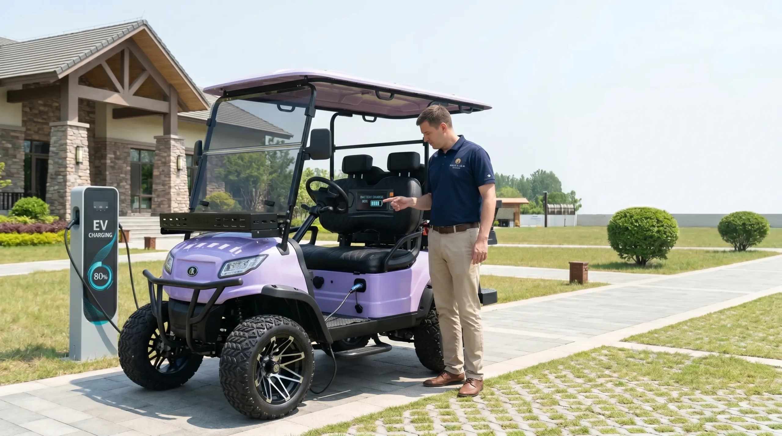 Fleet manager fast charging 80 percent lithium electric golf cart at resort charging station