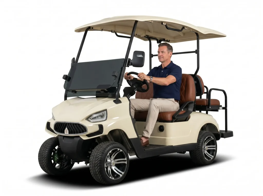 A man is driving a four-seater beige MXV ECO series solar-powered electric carts along the road.