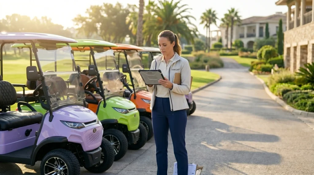 Fleet manager inspecting lithium electric golf carts at resort facility