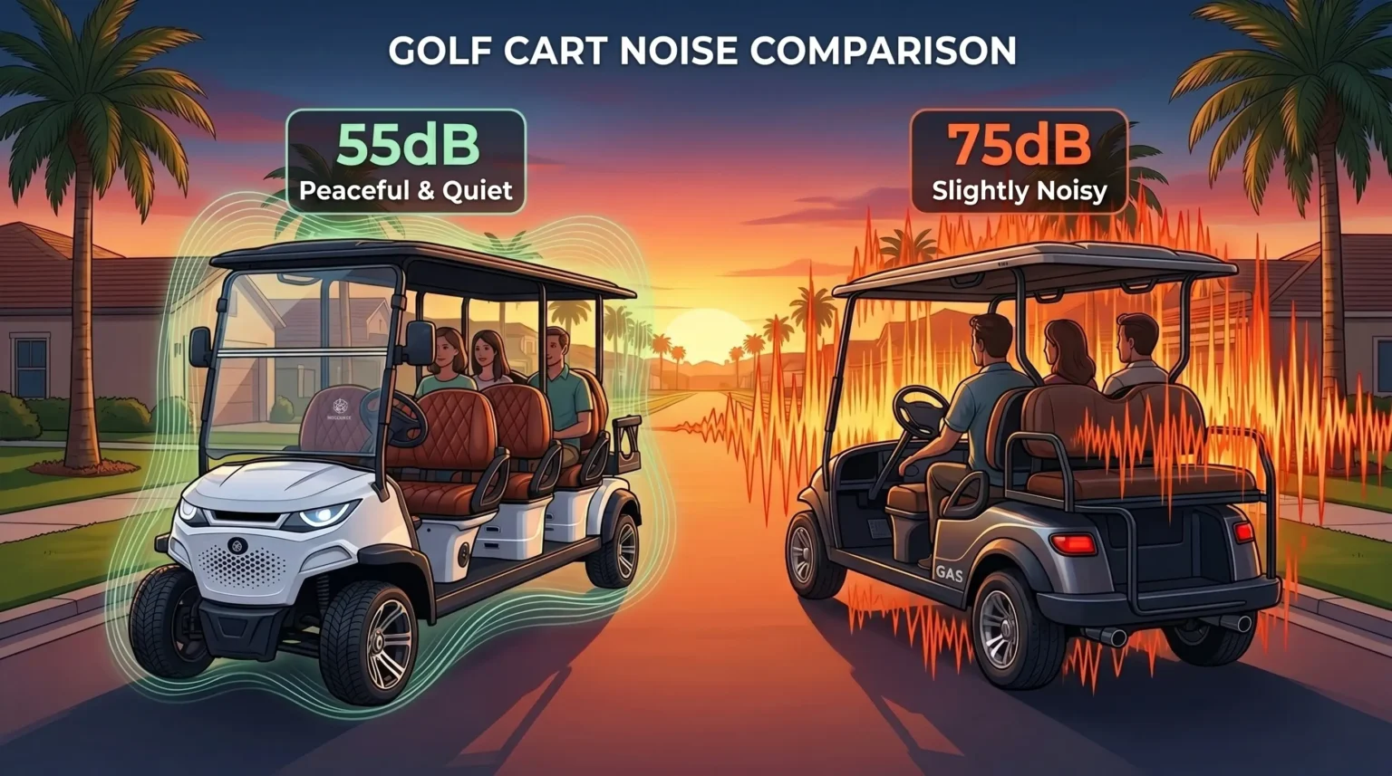 Electric golf cart vs gas golf cart noise comparison chart showing 55dB vs 75dB decibel levels