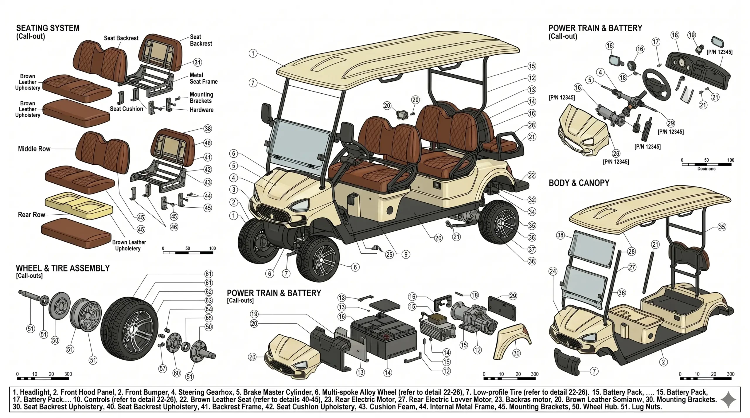 Detailed disassembly of components of the electric golf cart