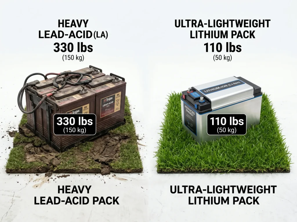 Side by side comparison of heavy lead-acid battery causing turf damage vs lightweight lithium battery protecting grass