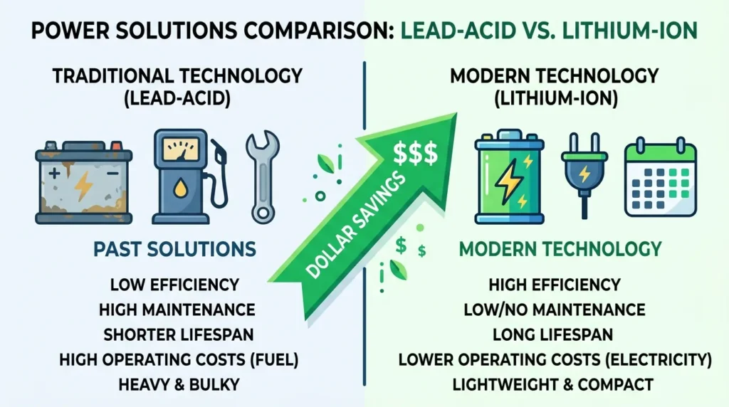 5-year cost savings comparison lead-acid vs lithium electric golf cart fleet with 70% reduction