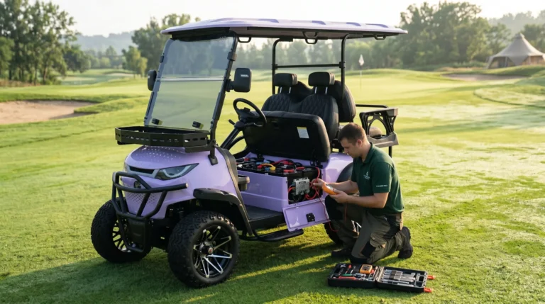Electric golf cart lithium vs lead-acid battery comparison guide with technician inspecting battery compartment