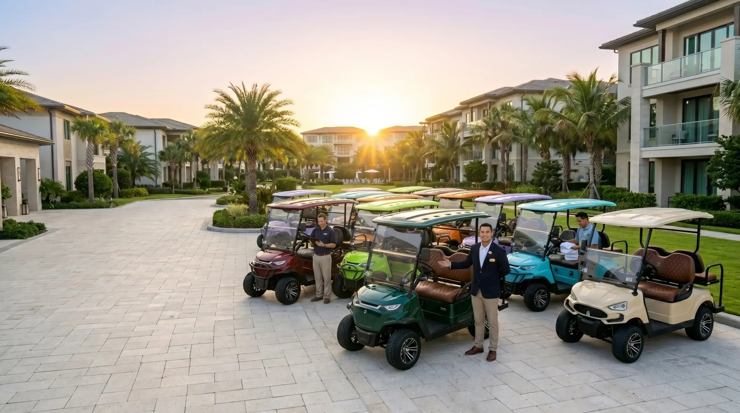 Electric golf cart fleet at luxury resort with professional staff at sunrise
