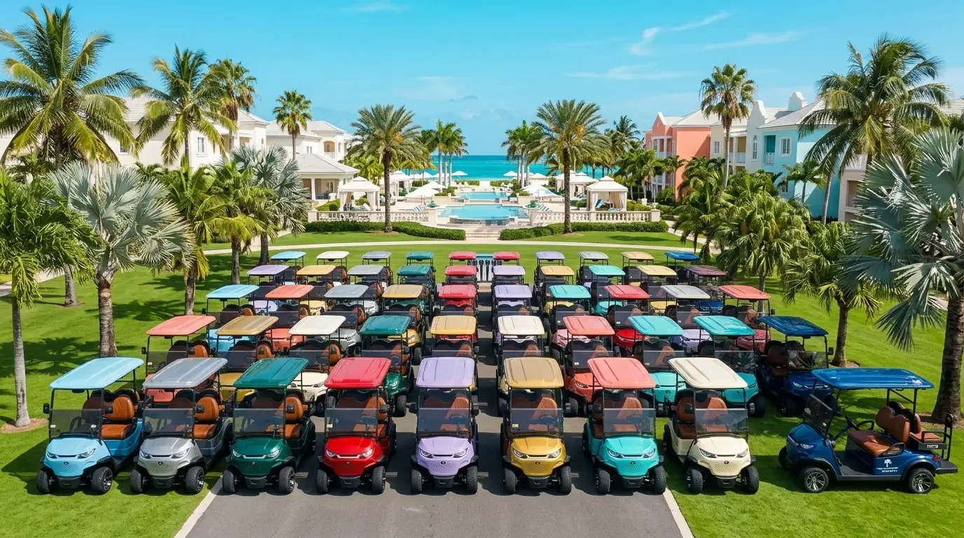 Organized electric golf cart fleet parked at Caribbean resort with palm trees