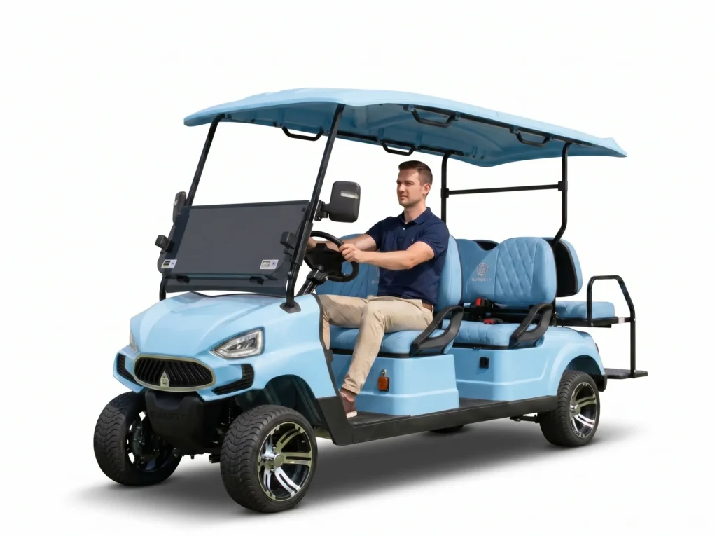 A man is driving a six-seater light blue MXV ECO series SUN LSV electric carts along the road.