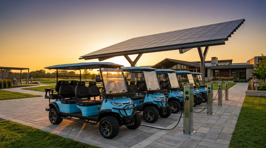 Electric golf cart fleet charging at solar powered station at sunset