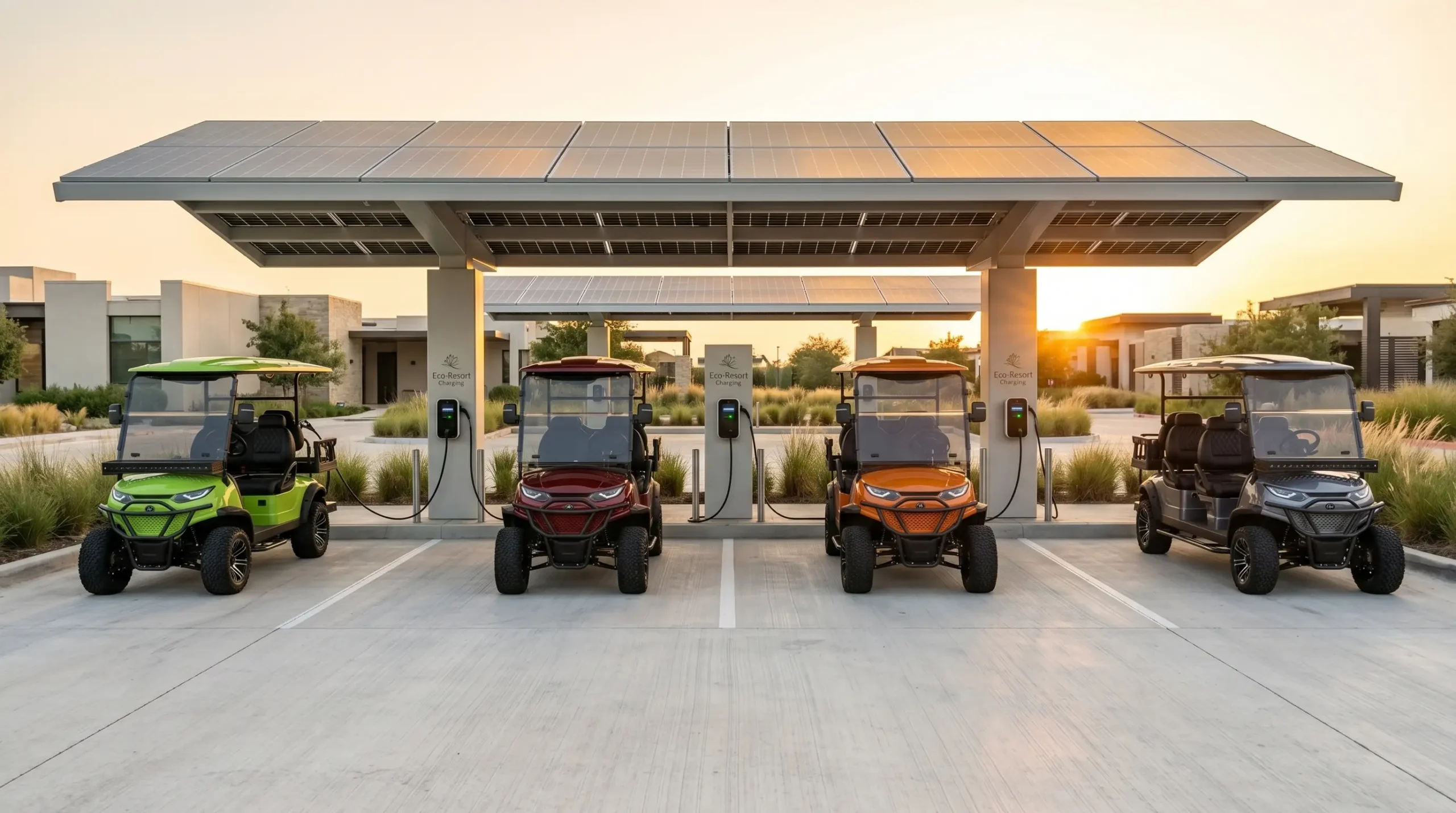 Lithium electric golf cart fleet charging at solar-powered station at sunset
