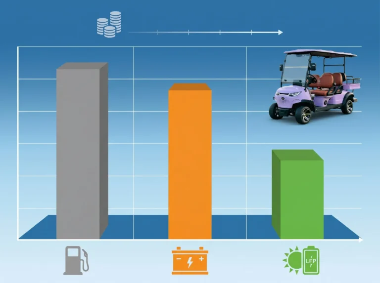bar chart comparing 5-year total cost of ownership for three golf cart types gasoline highest bar in gray lead-acid in orange SUN-CART LFP lowest bar in green