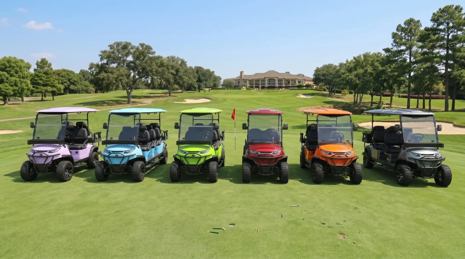 Six golf carts, each with a different color and seating arrangement, powered by 72 volts, are parked on the grass.