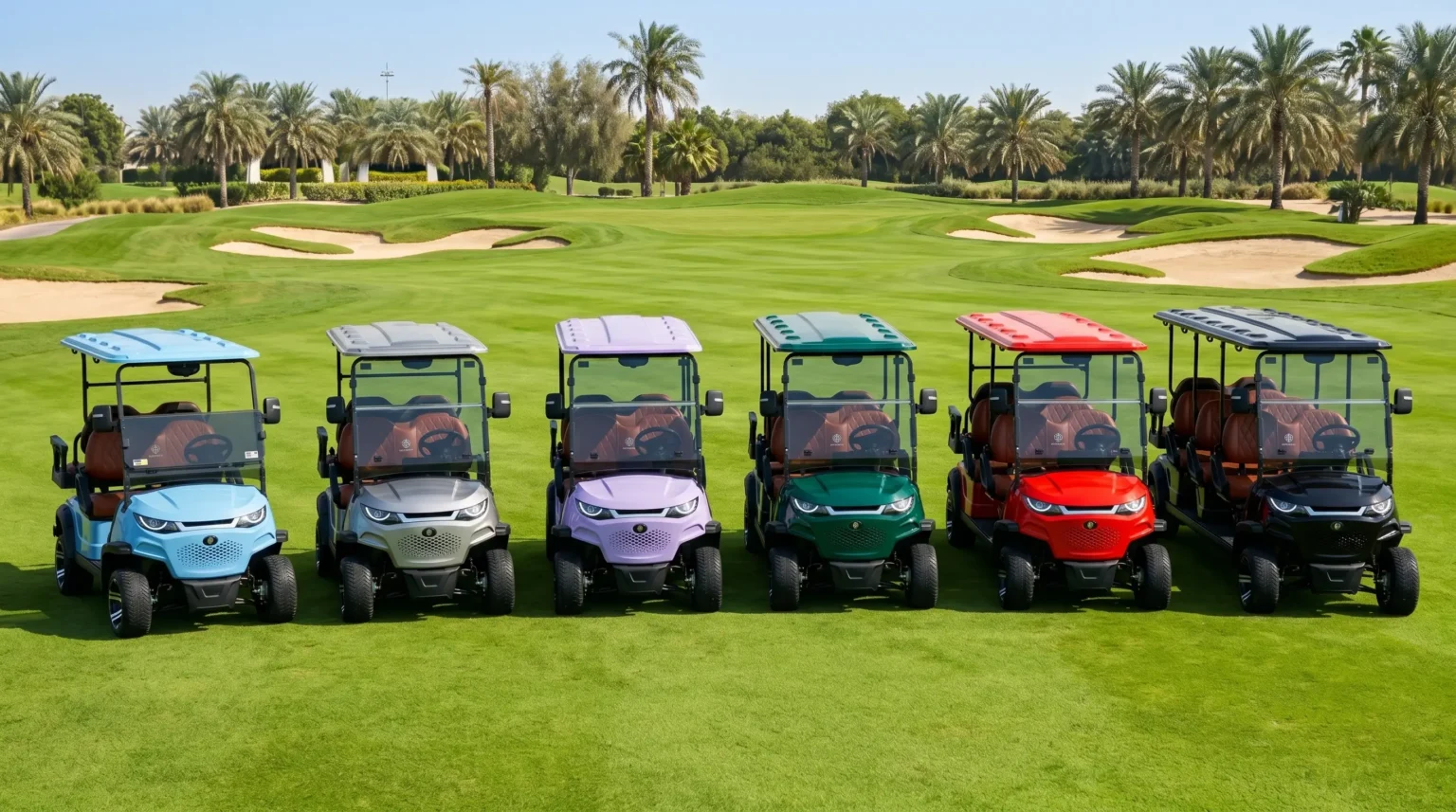 Six golf carts, each with a different color and seating arrangement, powered by 48 volts, are parked on the grass.