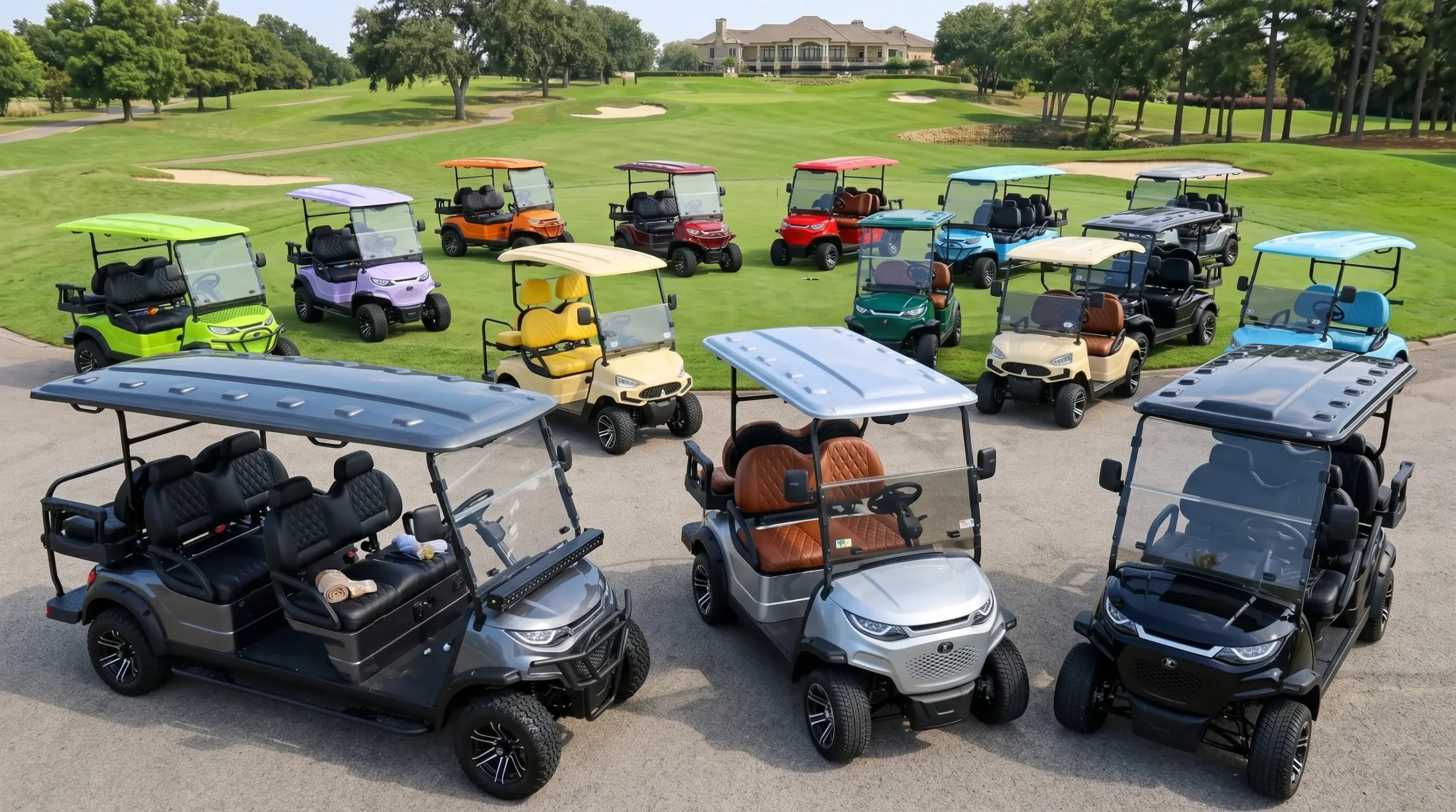 Display of electric golf carts of different models from SUN-CART