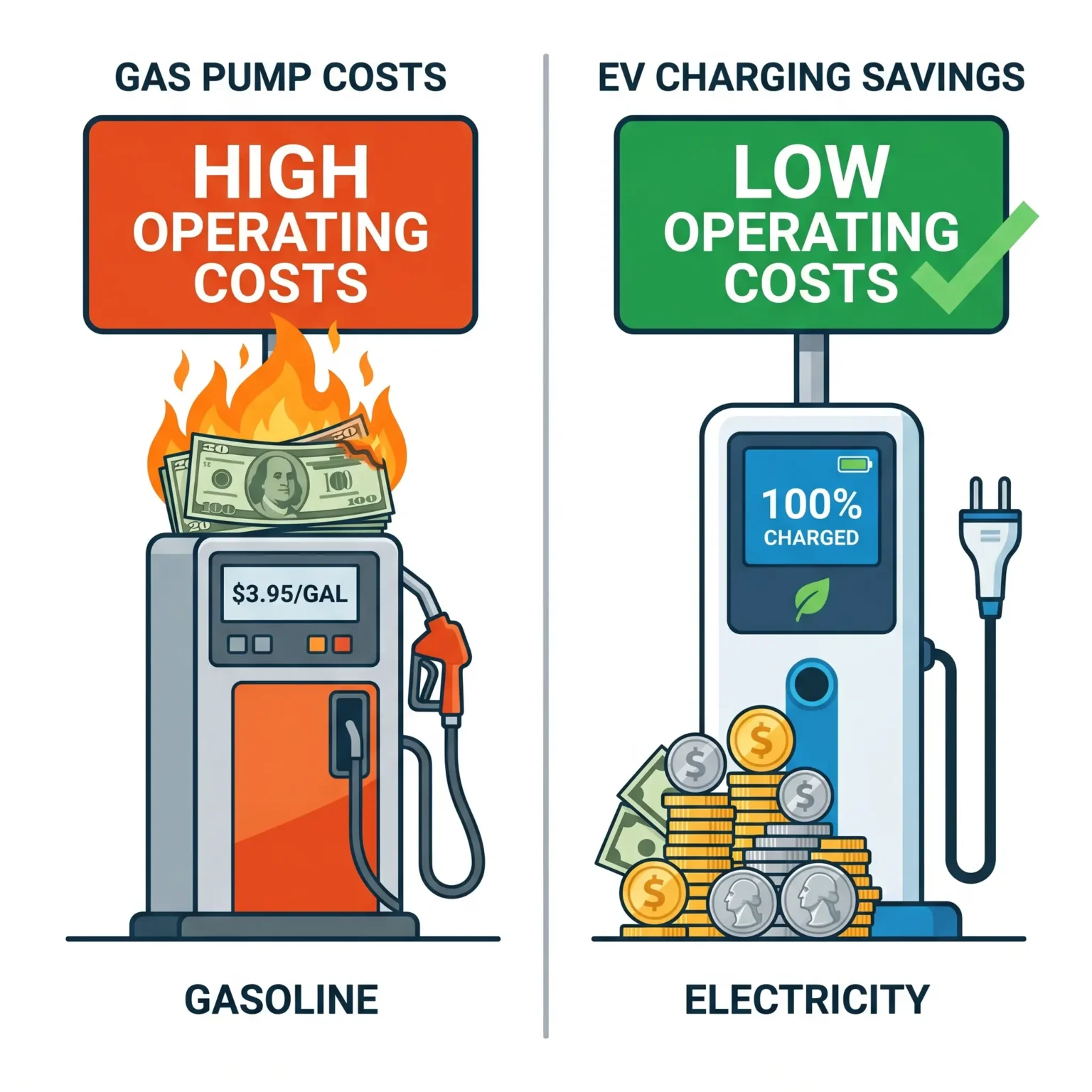 side by side comparison showing SUN-CART LFP electric golf cart saves 30 percent on 5-year costs compared to gasoline golf cart with icons of charging plug and gas pump