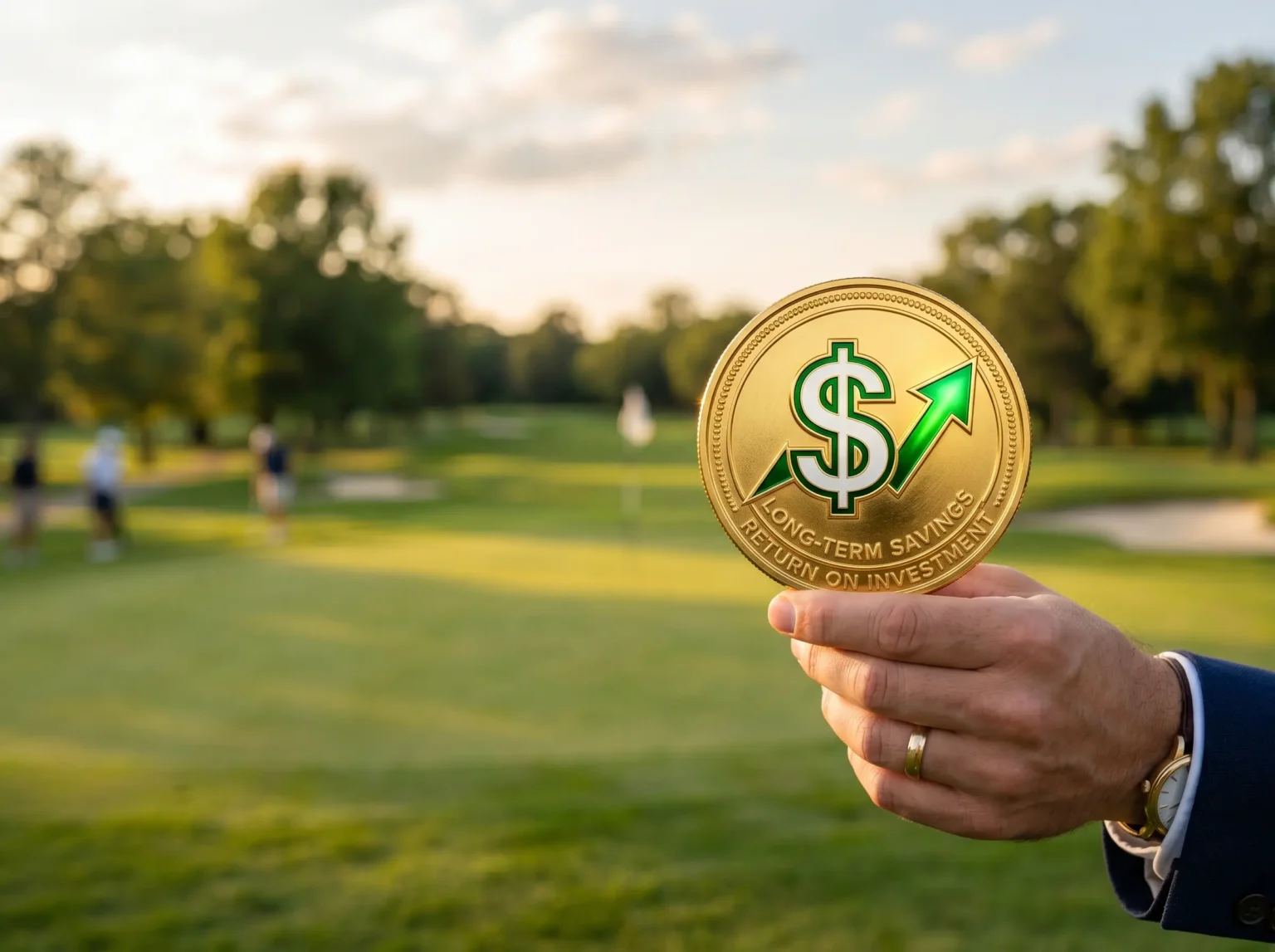 hand holding a large golden coin with dollar sign and green upward arrow symbolizing long-term savings and return on investment for SUN-CART LFP electric golf carts