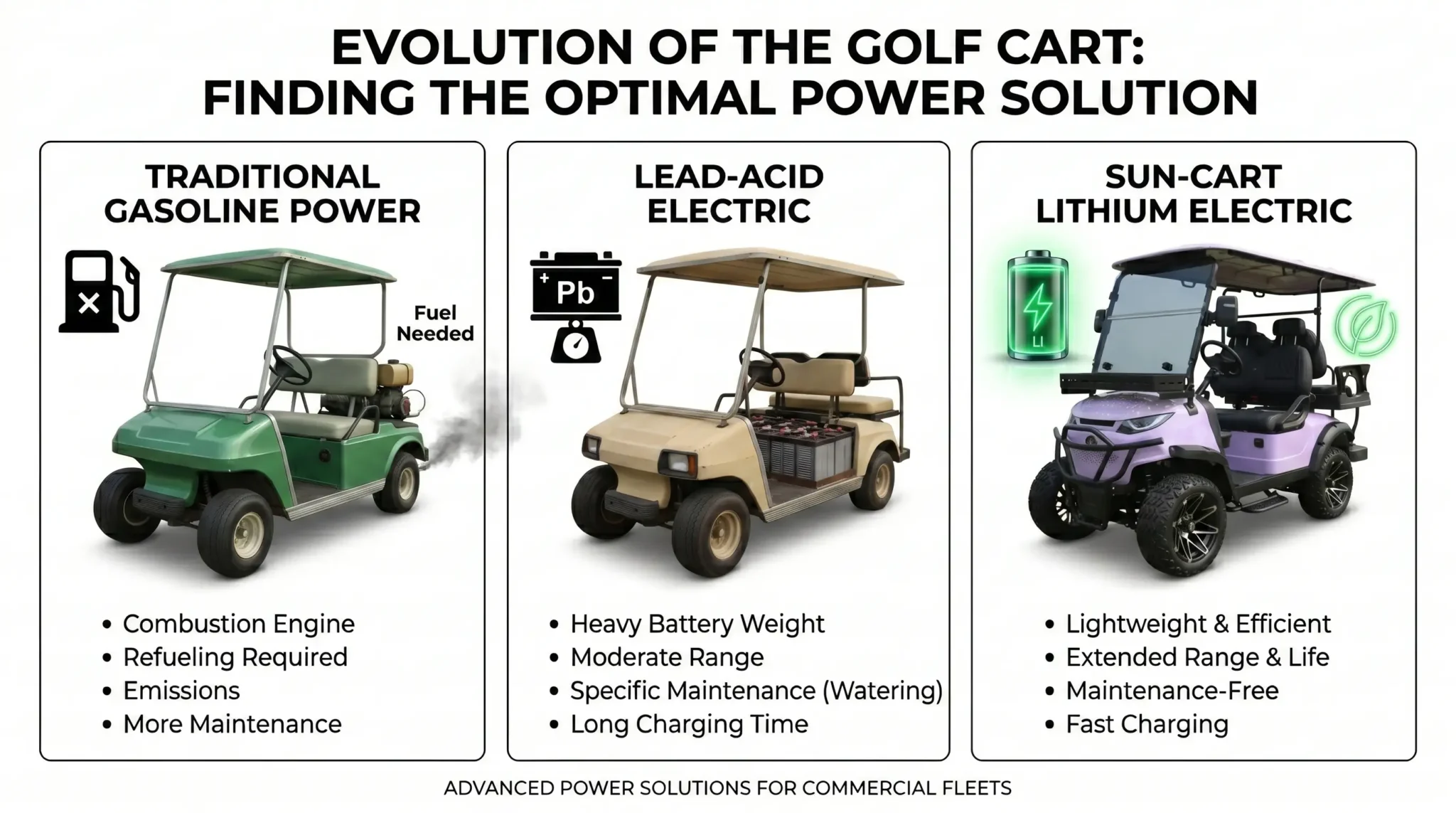 split comparison banner showing three golf carts side by side gasoline lead-acid and SUN-CART LFP lithium for 5-year total cost of ownership analysis