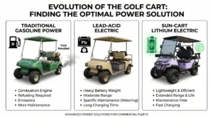 split comparison banner showing three golf carts side by side gasoline lead-acid and SUN-CART LFP lithium for 5-year total cost of ownership analysis
