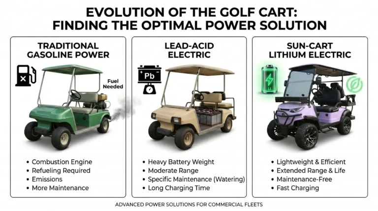 split comparison banner showing three golf carts side by side gasoline lead-acid and SUN-CART LFP lithium for 5-year total cost of ownership analysis