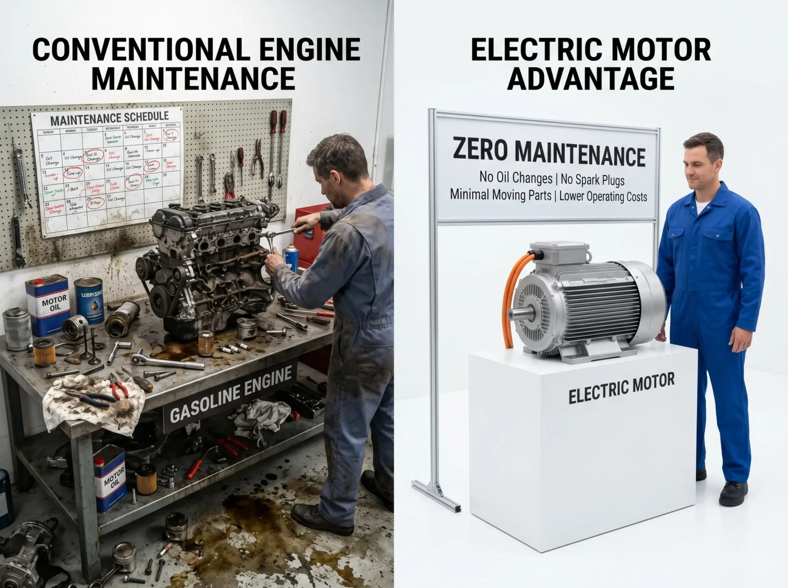 split comparison showing messy garage with gasoline engine tools and oil stains on left vs clean electric motor with zero maintenance sign on right for SUN-CART LFP