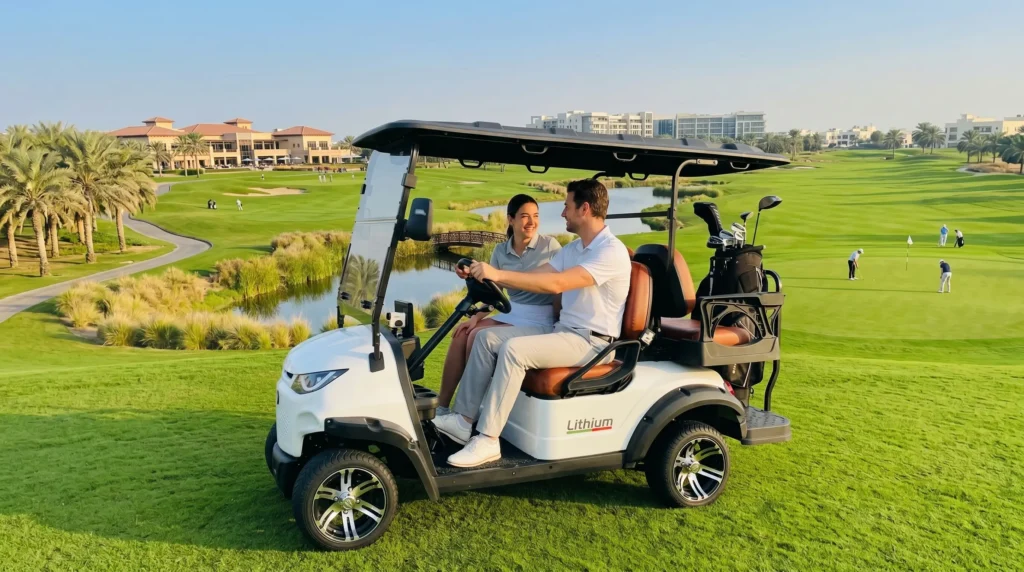 Three people, along with their child, were driving a SUN-CARTS six-seater electric golf car in the beach park.