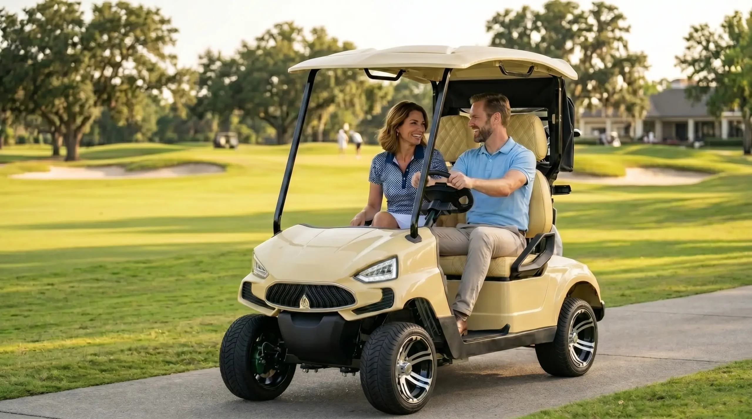 A light yellow two-seater electric golf car was driving in the golf park.