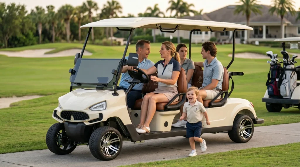 Four young people are on the golf course. They are driving an electric golf cart made by SUN-CARTS.