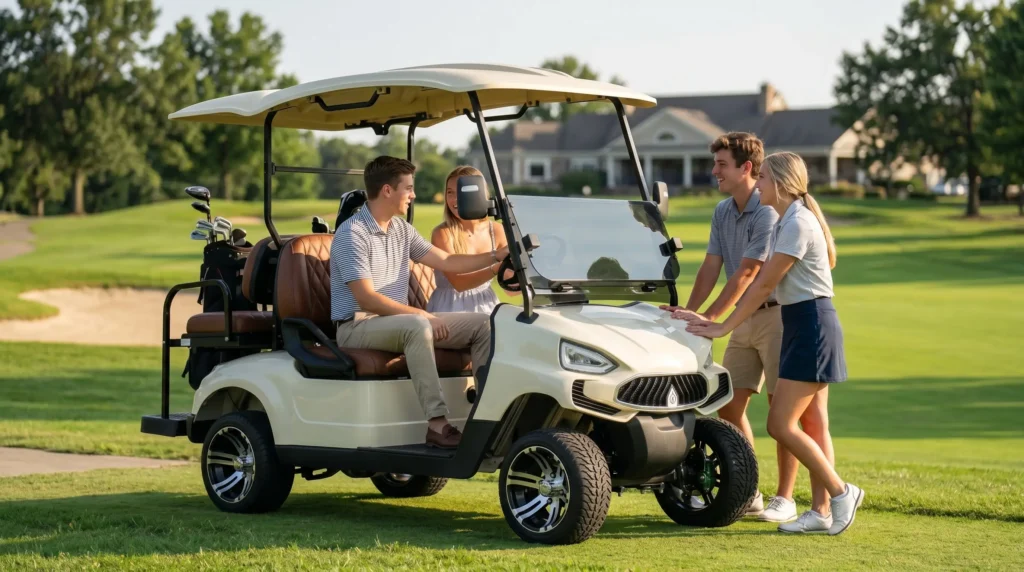 Four young people are on the golf course. They are driving an electric golf cart made by SUN-CARTS.