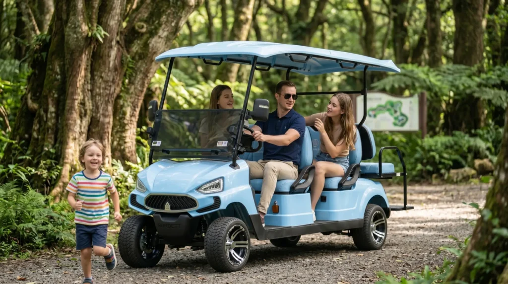 a SUN-Carts 6-seater electric cart on white background front view with three rows of seating and premium wheels