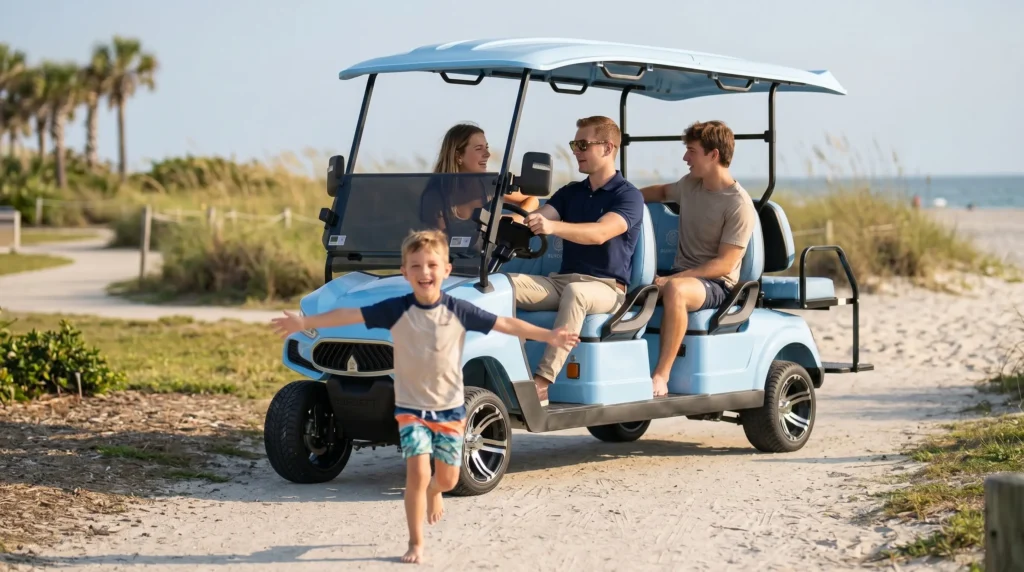 Three people, along with their child, were driving a SUN-CARTS six-seater electric golf car in the beach park.