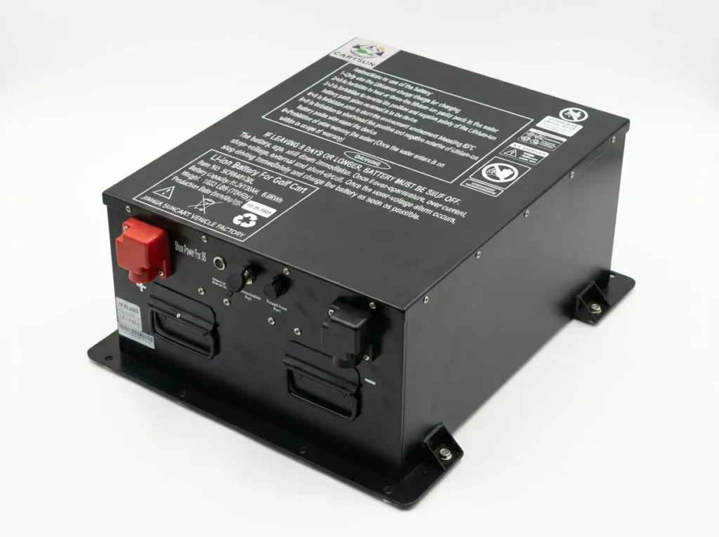 the 48V/72V 105Ah LFP lithium iron phosphate battery pack for SUN-Carts electric vehicles on white background with connectors and casing visible