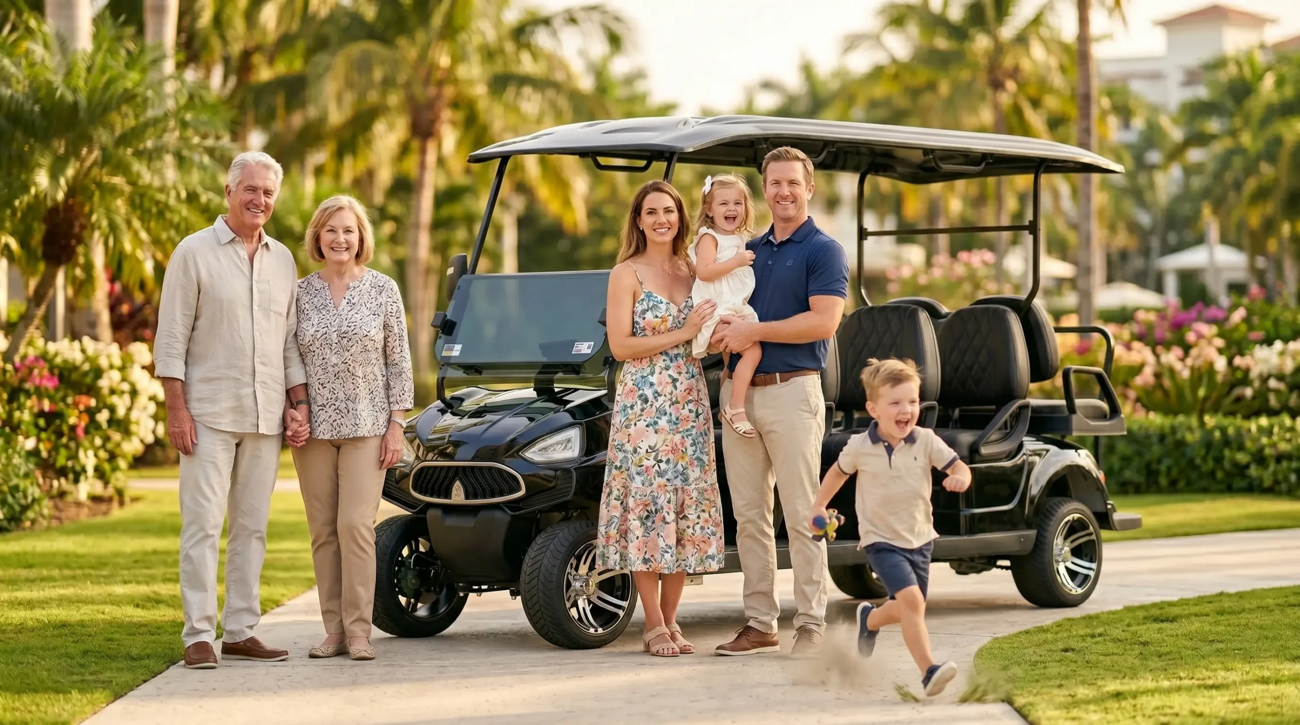 a SUN-Carts 8-seater electric golf cart parked on lush green grass showing extended wheelbase