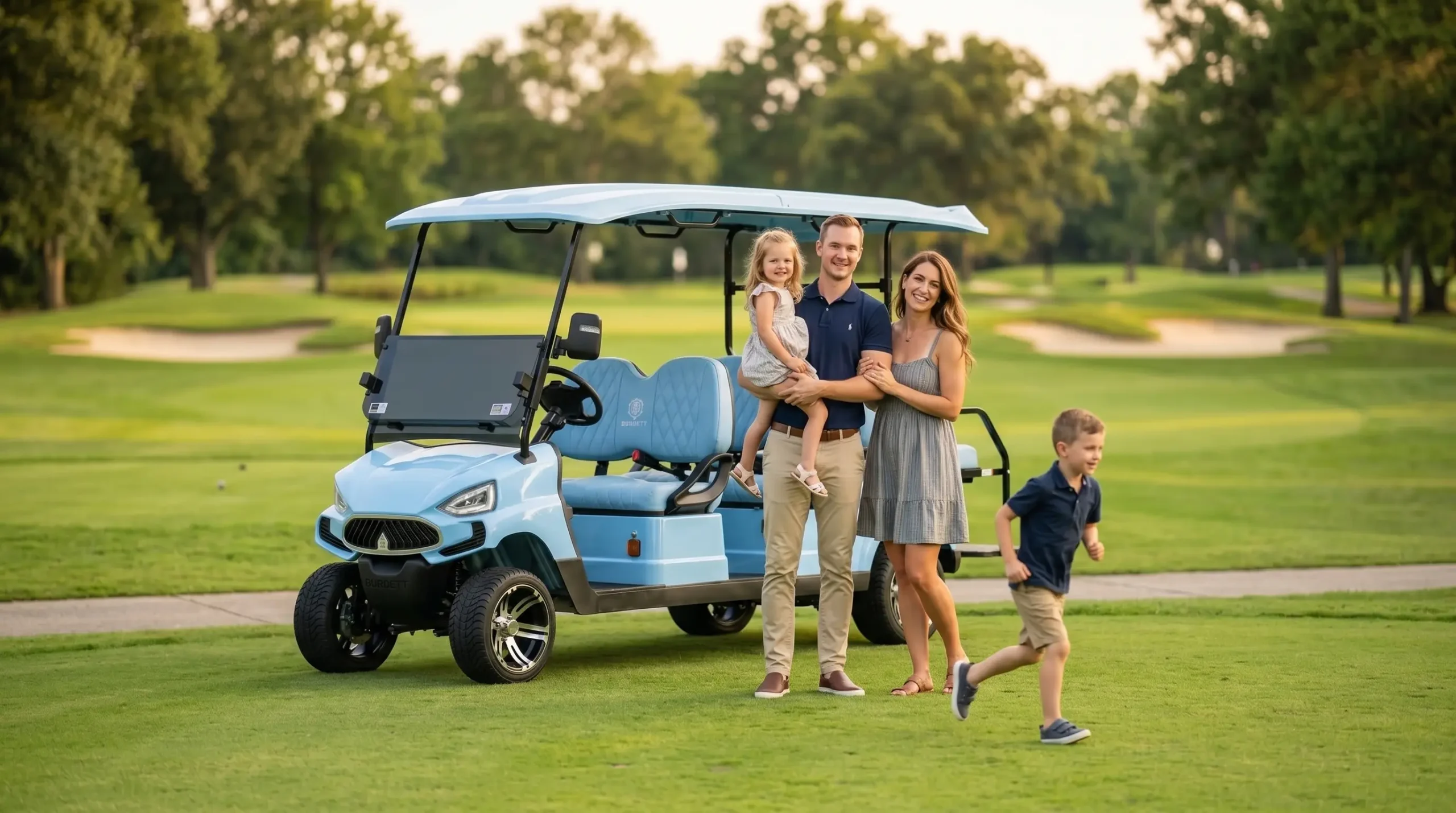 a SUN-Carts blue electric golf cart featuring a popular high-demand color option for retail customers