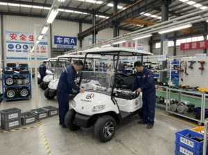 the exterior of SUN-Carts electric carts manufacturing factory with company signage at the entrance and modern building architecture