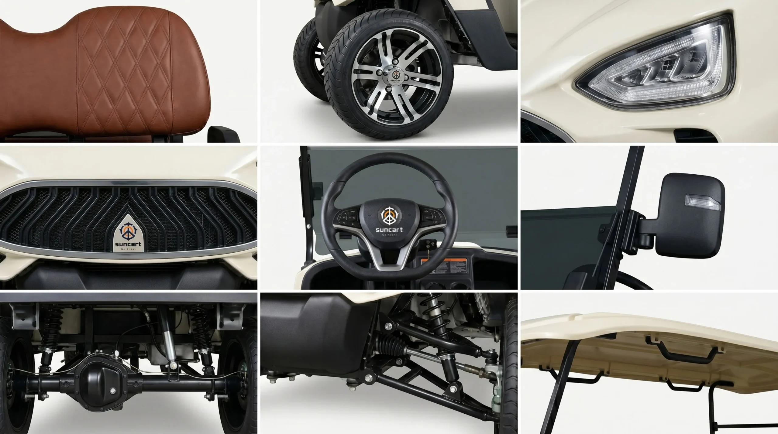 a diverse assortment of SUN-Carts electric golf cart parts arranged on a white background including wheels tires seats controllers motors and body panels