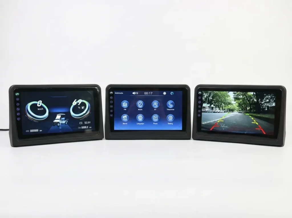 the touchscreen control display for SUN-Carts electric carts on white background with user interface icons visible