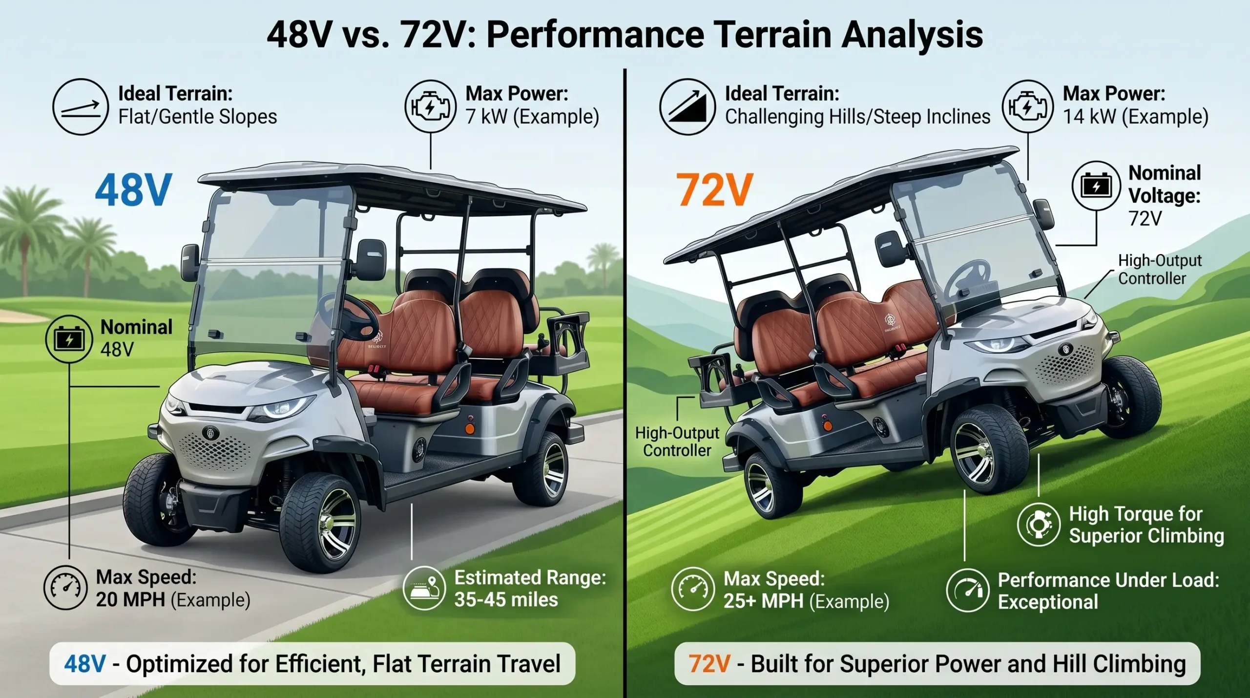 Comparison infographic showing 48V vs 72V electric golf cart performance on flat terrain versus hill climbing capability
