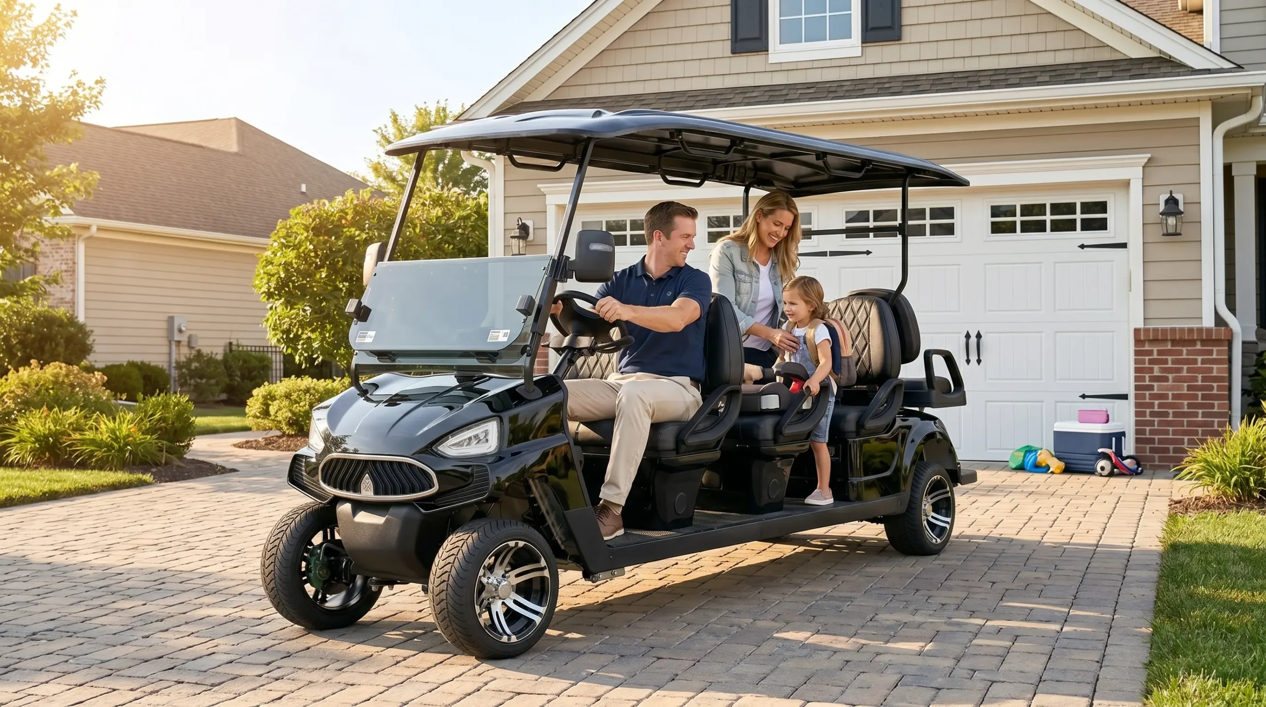 American family using electric golf cart as second car for daily errands and neighborhood trips