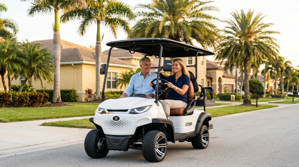 American couple driving electric golf cart through sunny Florida neighborhood for daily errands